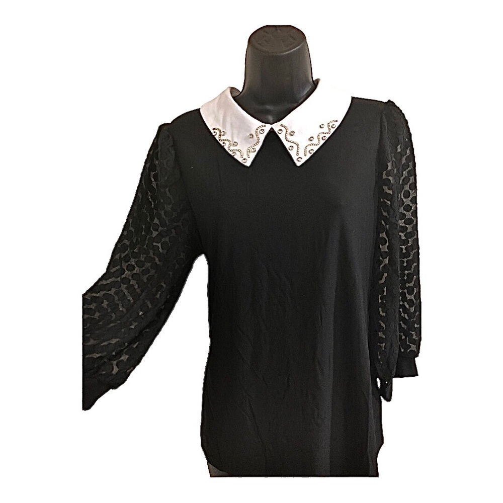 Black sheer sleeve white rhinestone peter pan collar blouse top size large new